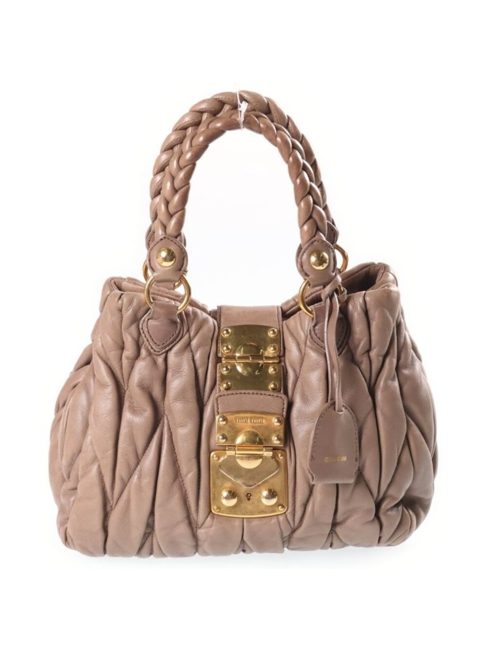 Miu Miu Matelasse 2-Way Shoulder Bag Brown Beige Leather Gold